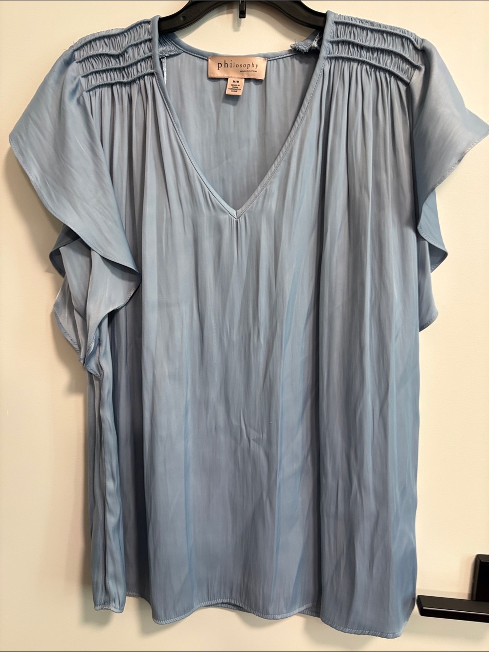 Philosophy Soft Light Blue V-Neck Flutter Sleeve Blouse